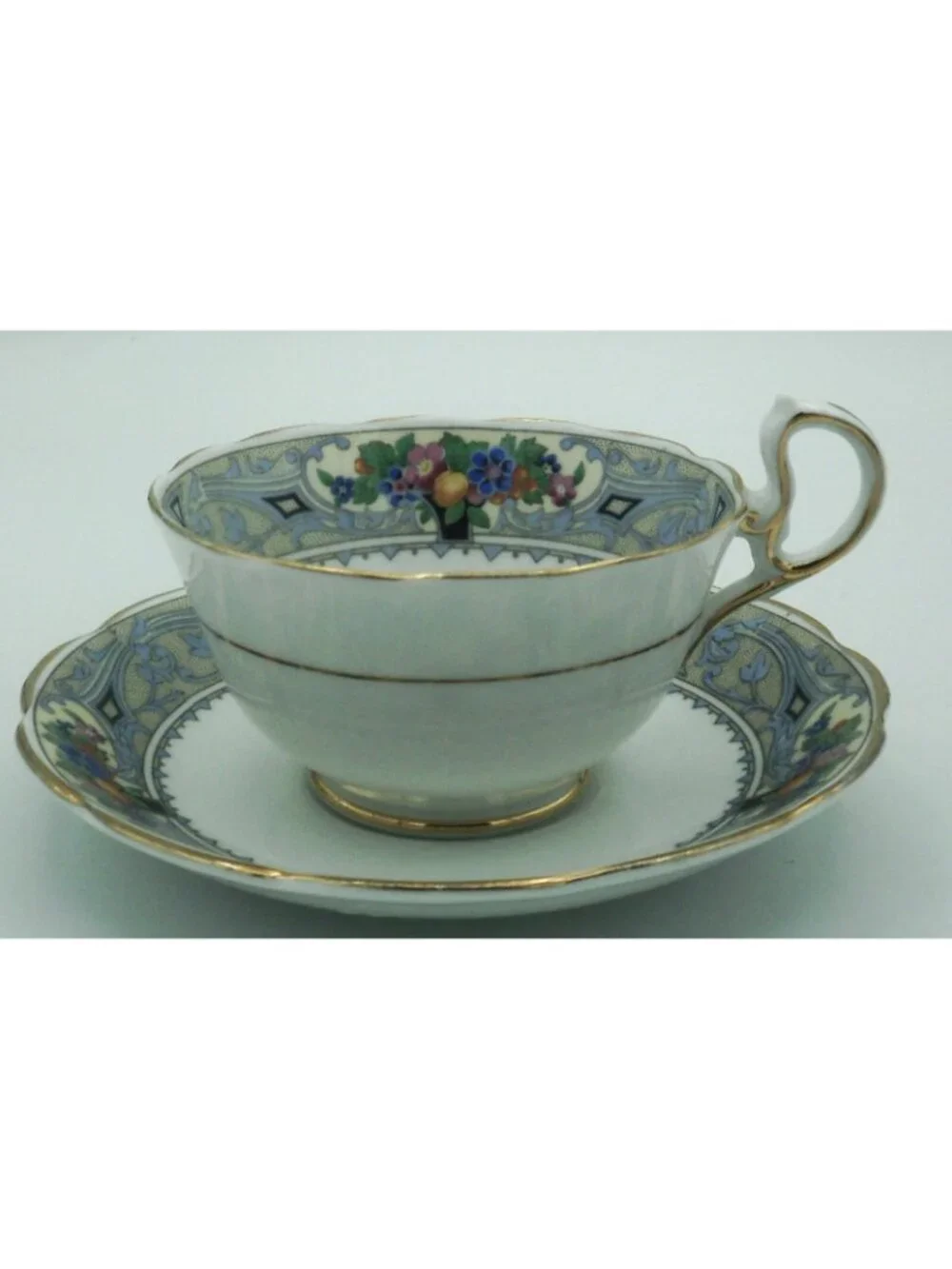 Royal Albert Teacup Saucer Set Art Deco Crown China Fruit Flowers Cameo Border